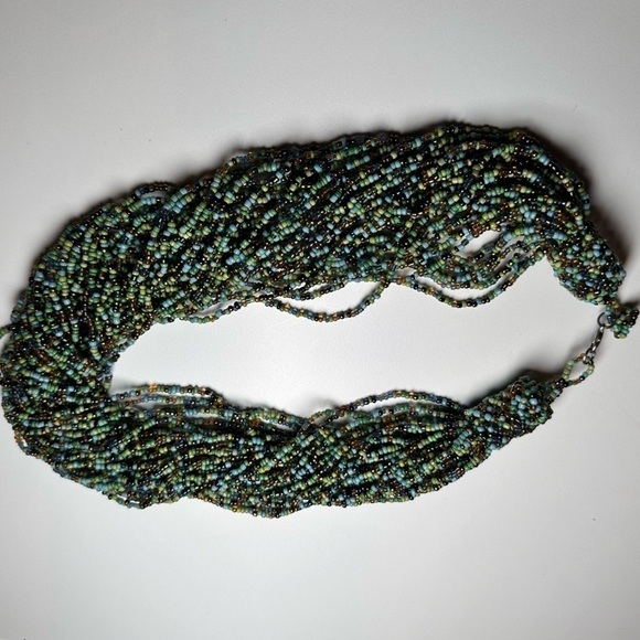 Glass seed-bead multi strand necklace in blue, green bronze lobster clasp 5309 L - Picture 7 of 16